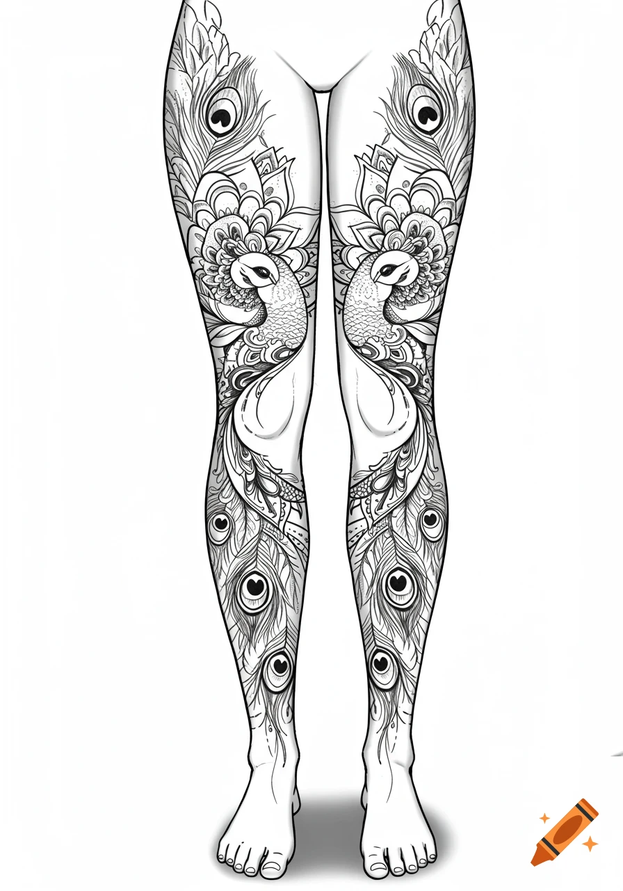 Pair of legs covered in intricate black and white mandala and peacock feather tattoos in a line art style.