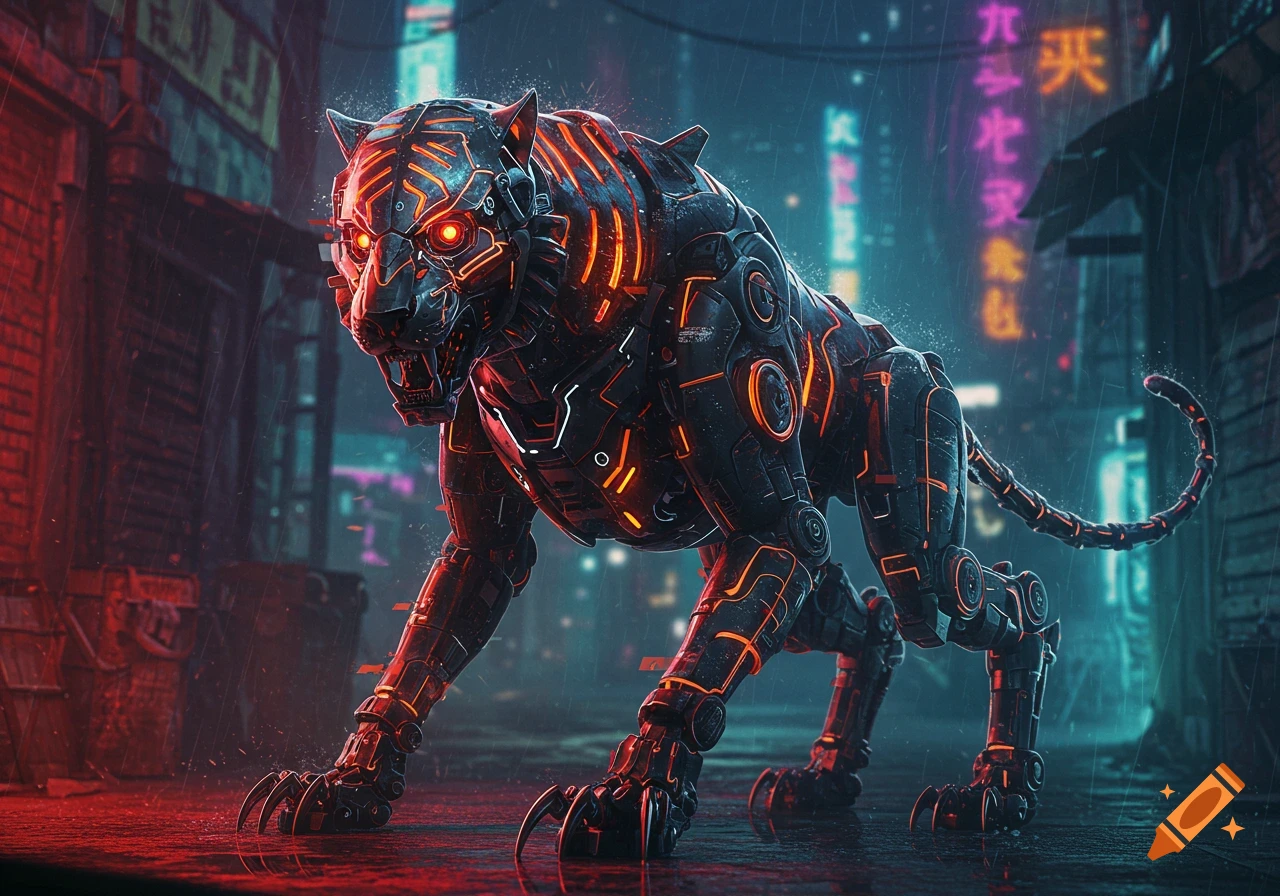 A detailed cyberpunk robotic tiger with glowing orange lines and red eyes stands in a rainy neon city alley.