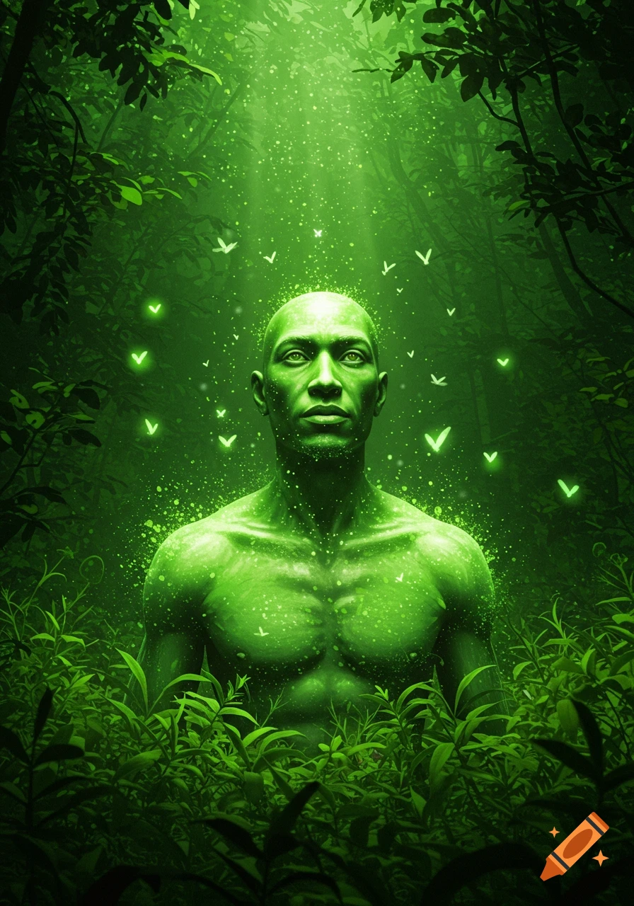 A green-skinned bald man with a glowing green aura stands in a dark green forest with luminous butterflies.