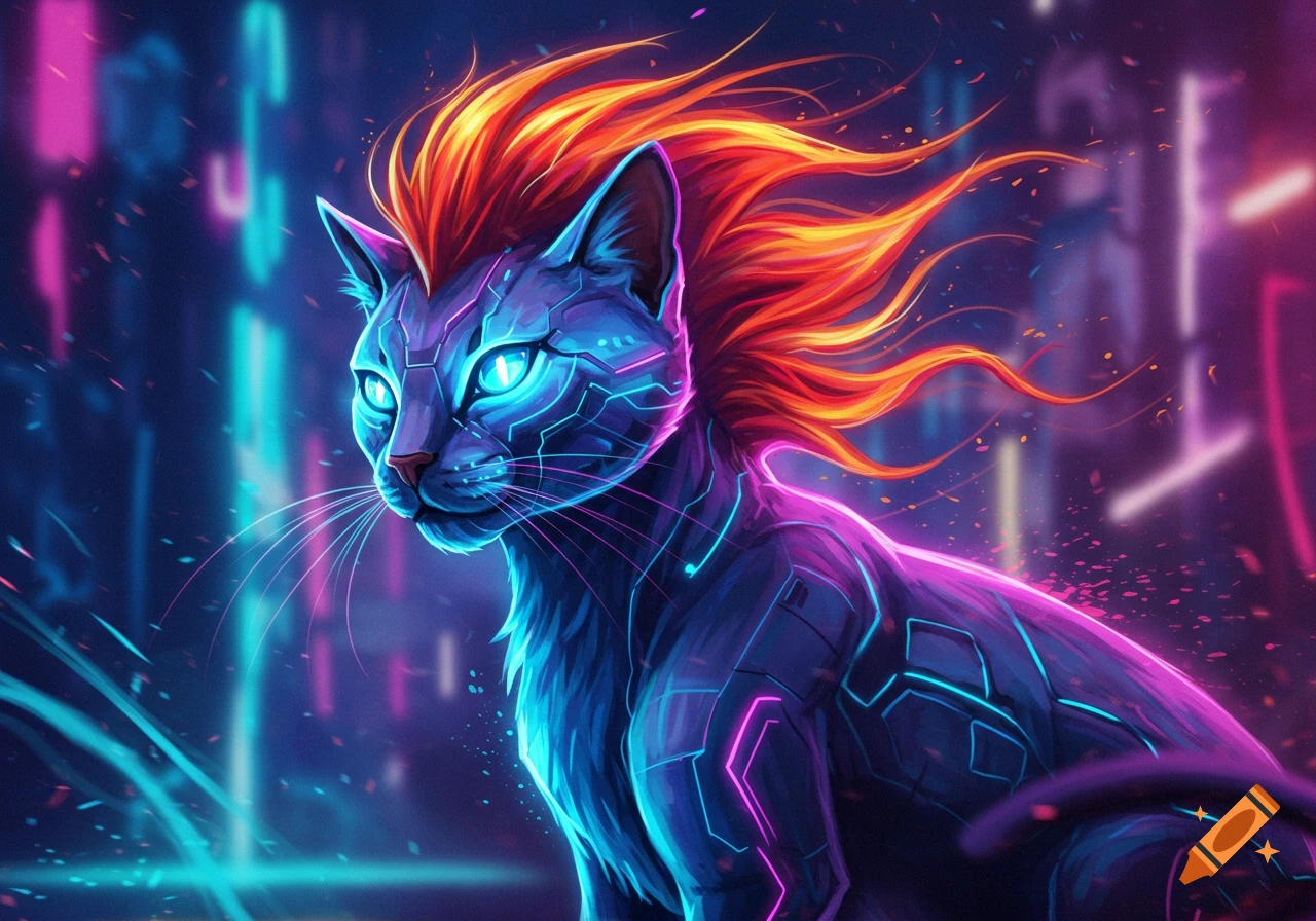 A stylized cyberpunk cat with glowing blue eyes and neon purple and blue circuitry patterns on its body, topped with vibrant orange hair, against a dark, neon-lit city background.