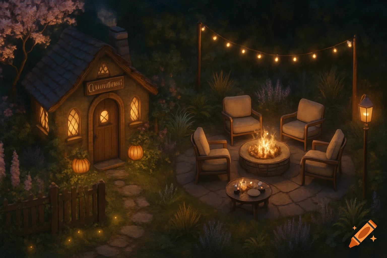 A cozy cottage and an outdoor lounge area with a fire pit and string lights in a moonlit garden at night, in a storybook style.