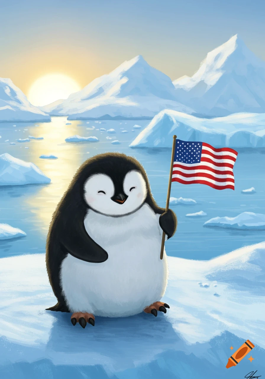 A cute, happy cartoon penguin stands on ice, holding an American flag, with an icy landscape and sunset in the background.