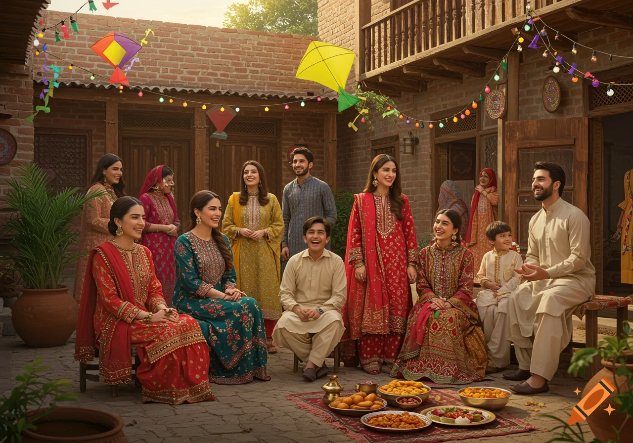A large group of people in traditional South Asian attire gather in a decorated courtyard, smiling and sitting around plates of food.