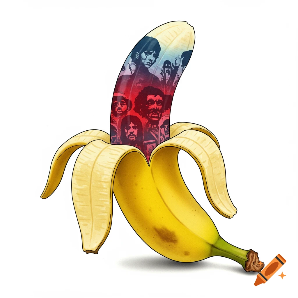 A peeled banana with King Crimson album art on the unpeeled fruit, against a white background.