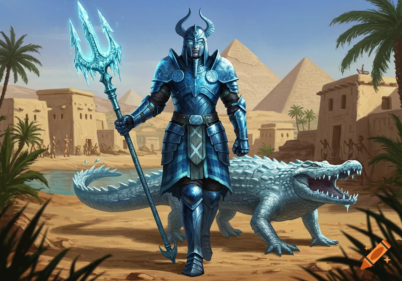 An armored knight with an ice trident and a blue crocodile companion in an Egyptian desert village with pyramids.