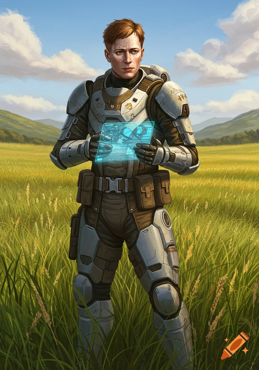 A ginger-haired person in sci-fi military armor holds a glowing blue tablet in a grassy field under a blue sky.