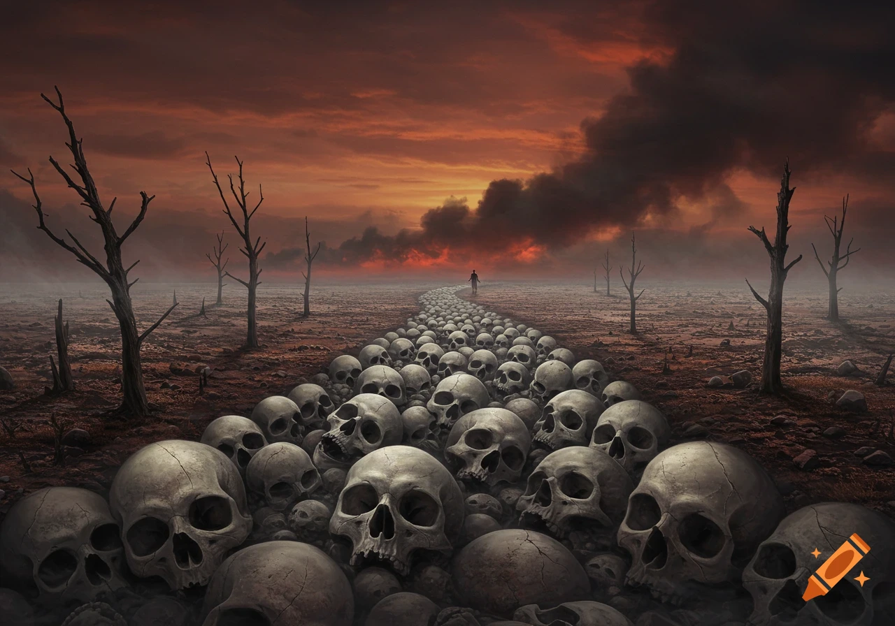 A dark, surreal landscape with a path made of human skulls leading to a distant figure under a stormy, red sky.