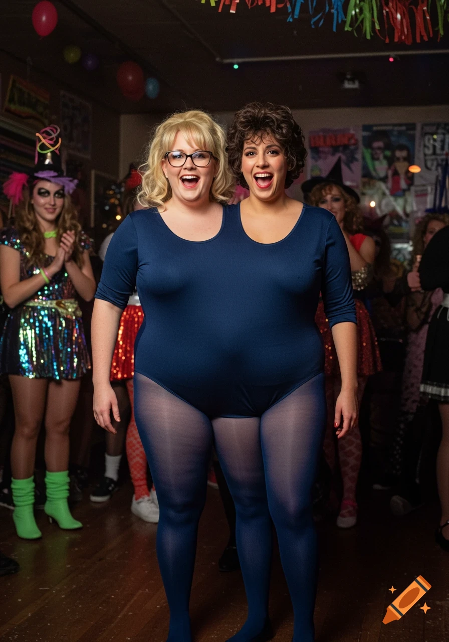 Two women in a conjoined blue bodysuit and tights, creating an illusion of one body with two heads at a 1980s party.