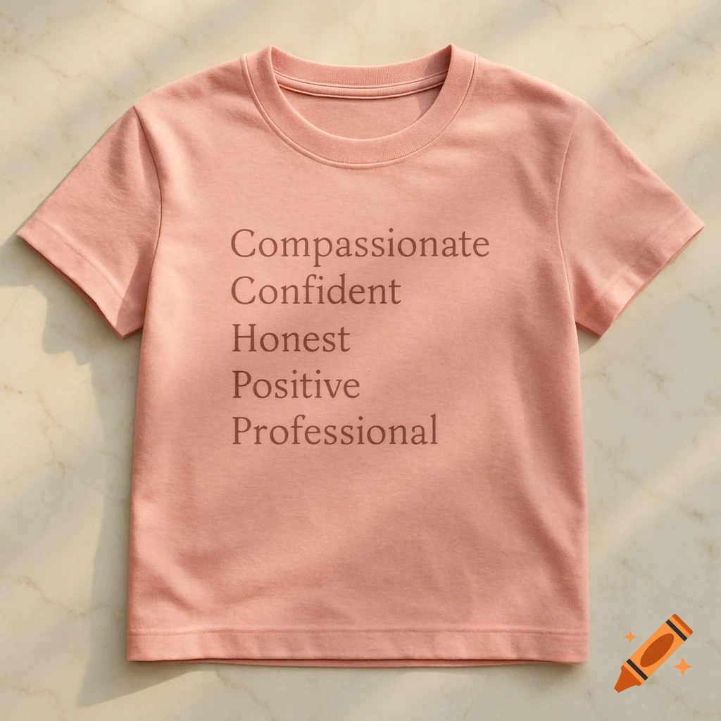 A realistic photorealistic pink t-shirt lays flat, displaying the words 'Compassionate', 'Confident', 'Honest', 'Positive', and 'Professional' in brown text.