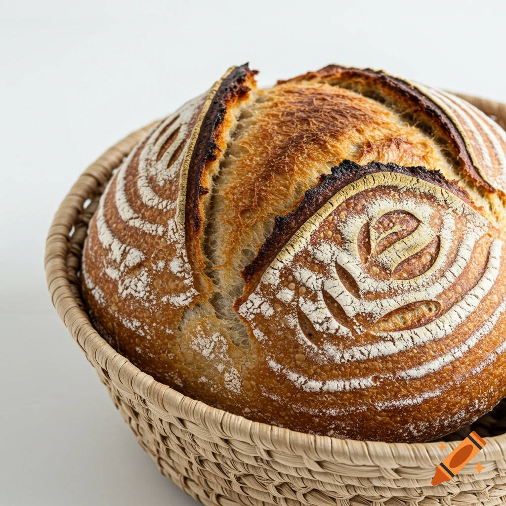 Photorealistic golden-brown sourdough bread loaf with decorative scoring in a woven basket on a white background.