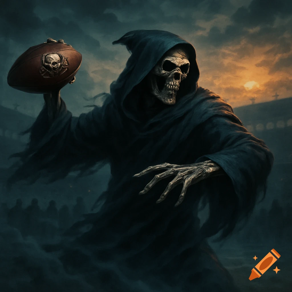 A grim reaper in a dark robe holding an American football, standing in a stadium at sunset, digital art.