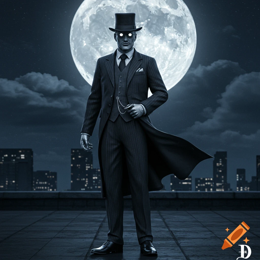 A mysterious man in a dark pinstripe suit and top hat stands on a rooftop against a large full moon and city skyline.