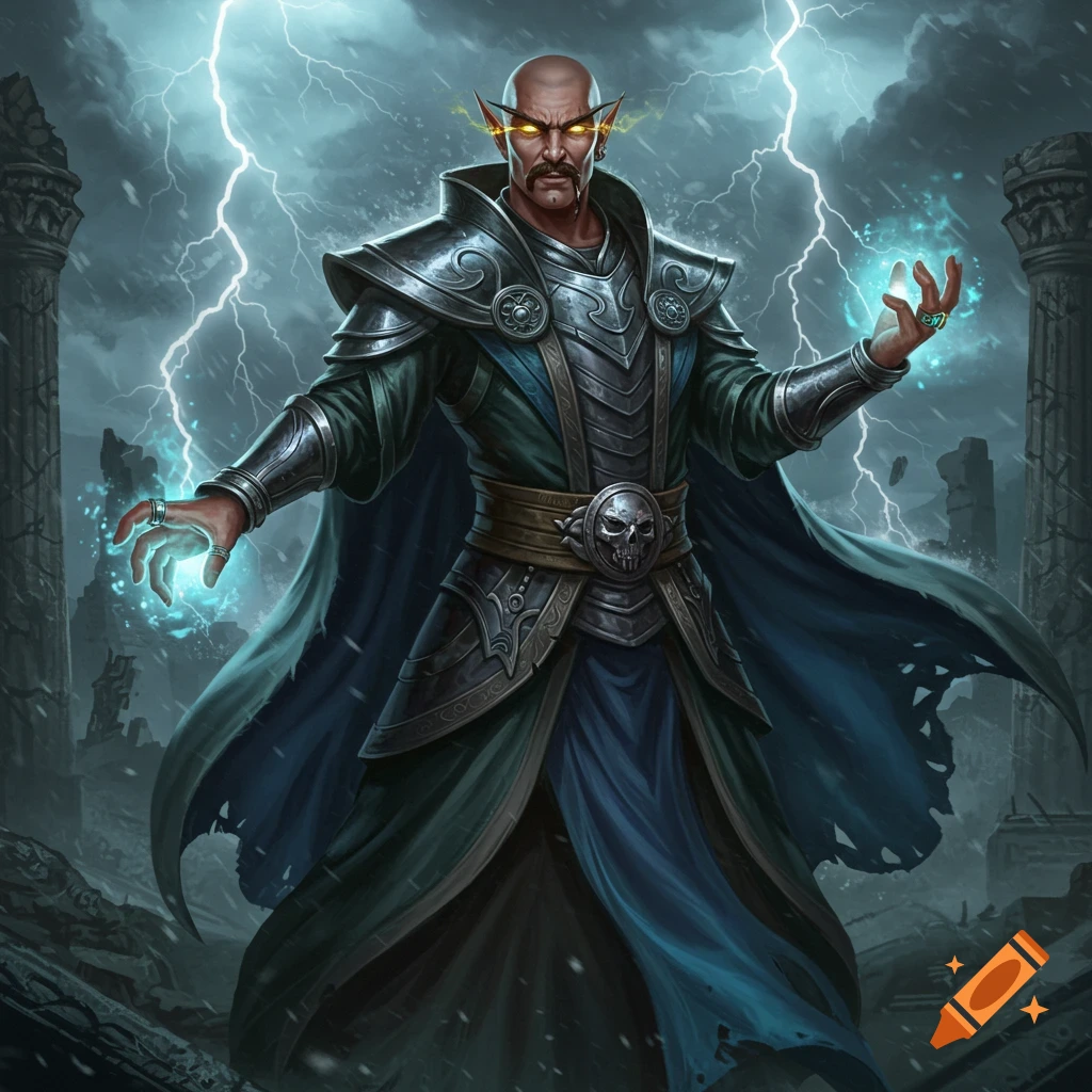 A bald half-elf sorcerer with a moustache, glowing yellow eyes, and ornate armor casts blue magic amidst a stormy, lightning-filled ruin.
