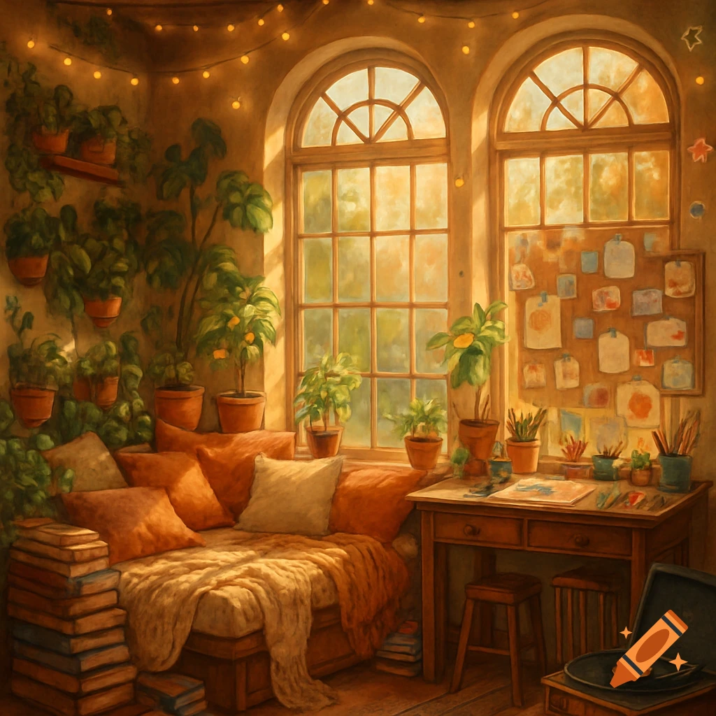 A sun-drenched, cozy sunroom with arched windows, many potted plants, a comfy window seat with books and blankets, and a wooden desk with art supplies.