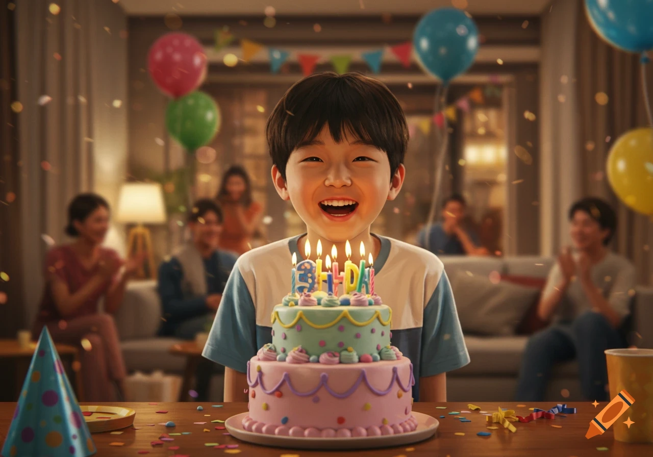 A young Asian boy smiles widely in front of a two-tiered birthday cake with lit candles and 'BIRTHDAY' spelled out, surrounded by confetti at an indoor party.