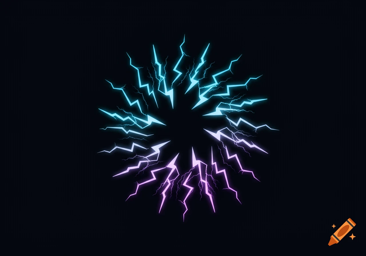 A circular arrangement of glowing blue and pink lightning bolts on a dark background, in a vector art style.