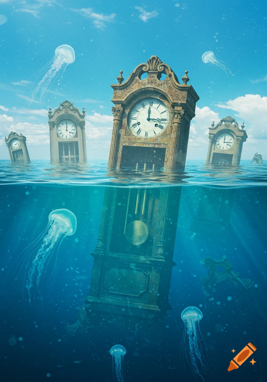 Surreal image of ornate grandfather clocks partially submerged in a calm blue ocean with jellyfish.