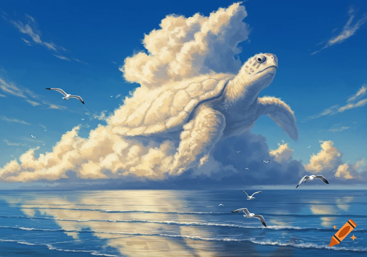 A giant cloud turtle floats above a calm, reflective blue ocean with seagulls in a clear sky.
