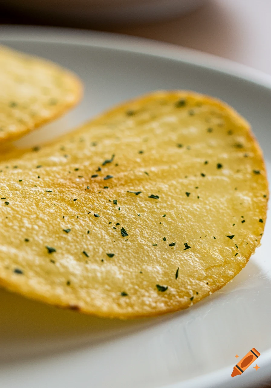 Close-up of a golden potato chip with green herbs on a white plate.