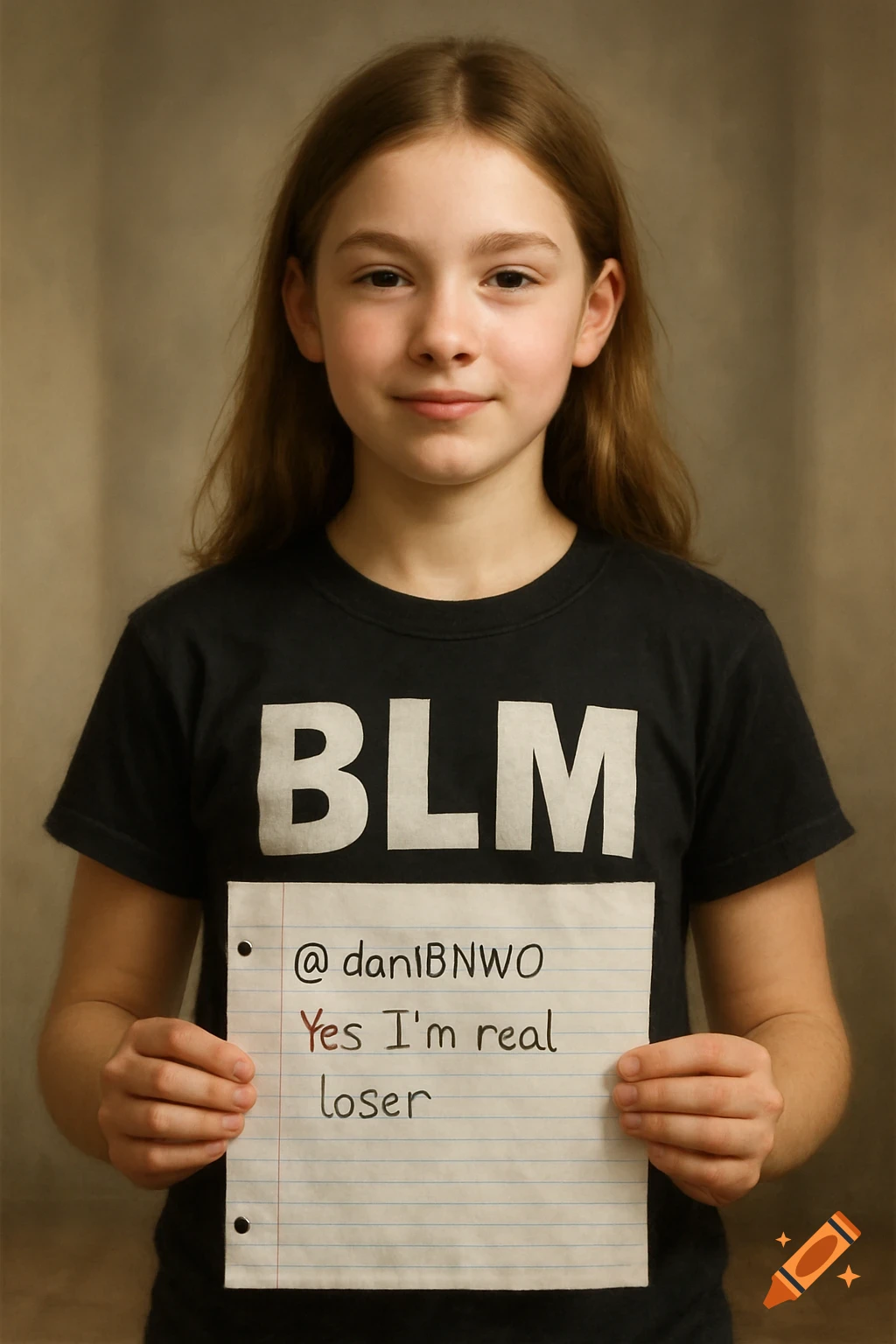 Young girl wearing a BLM shirt holds a paper sign that reads '@daniBNWO Yes I'm real loser'.