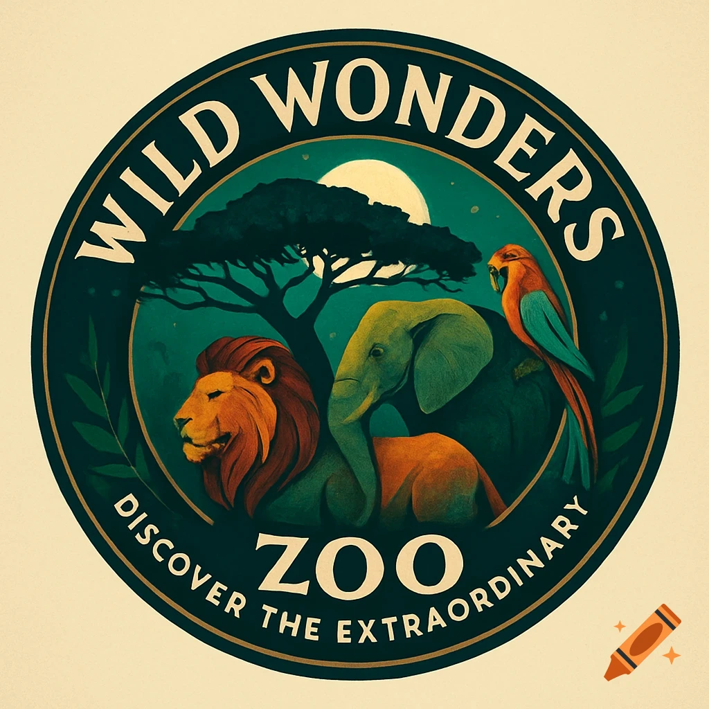 A circular zoo logo with "Wild Wonders Zoo" text. It features a lion, elephant, and parrot with a tree against a night sky background.