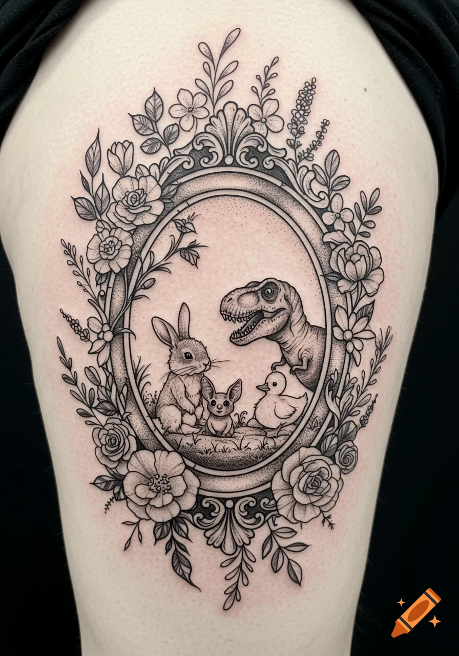 A black and grey tattoo on a leg, featuring an oval floral frame with a T-Rex, bunny, small rodent, and duckling inside.