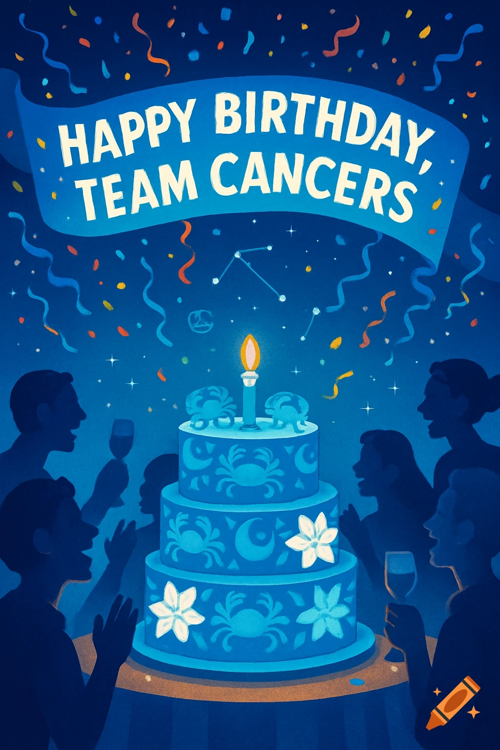 An illustration of a blue birthday cake with crab and moon designs, surrounded by people, under a banner reading 'Happy Birthday, Team Cancers'.
