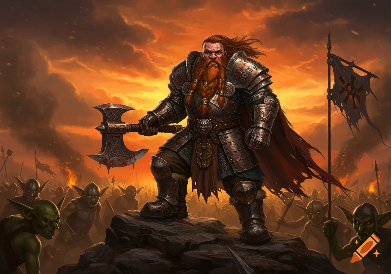 A fierce dwarf warrior with a bloody axe stands on a rock, facing a horde of goblins under an epic orange sky.