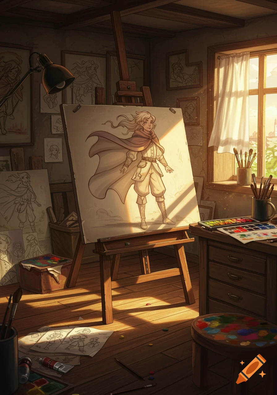 An art studio with an easel displaying a half-finished drawing of a fantasy character in sunlight. Paintbrushes, paints, and other sketches are scattered around.