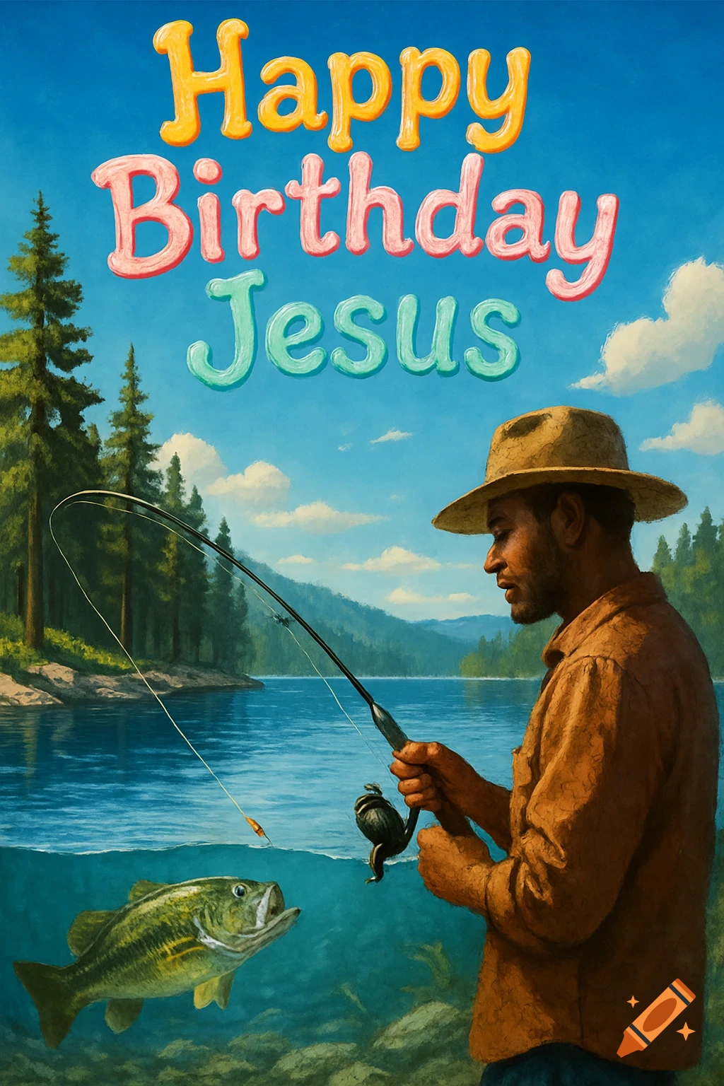 A man in a hat fishes in a lake with a largemouth bass visible underwater. The text "Happy Birthday Jesus" appears in colorful letters against a blue sky with pine trees.