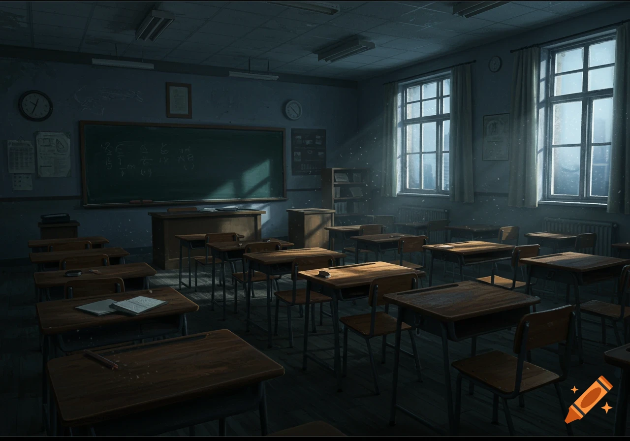 Dimly lit, empty high school classroom with rows of desks, a blackboard, and sunlight streaming through windows.