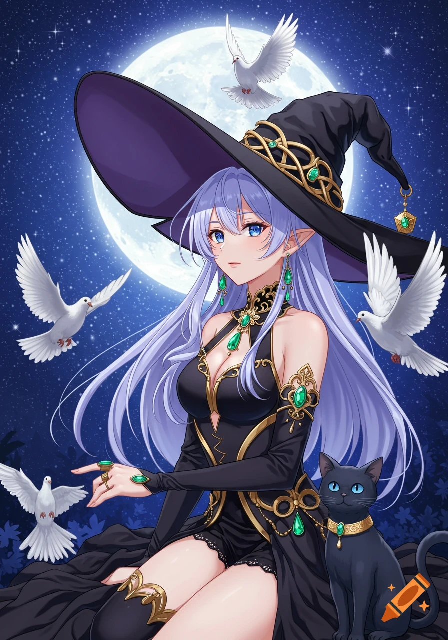 Anime witch with lavender hair, blue eyes, and a black hat under a full moon, with a black cat and white doves.