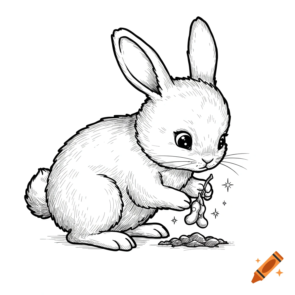 A cute bunny planting a magic bean in black and white line art, coloring page style.