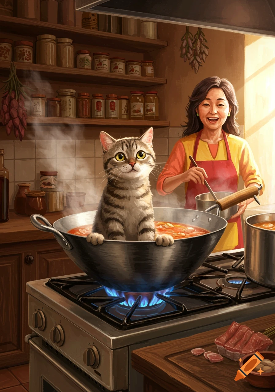 An illustrated tabby cat sits in a wok on a lit stove while an Asian woman cooks nearby in a warm kitchen.