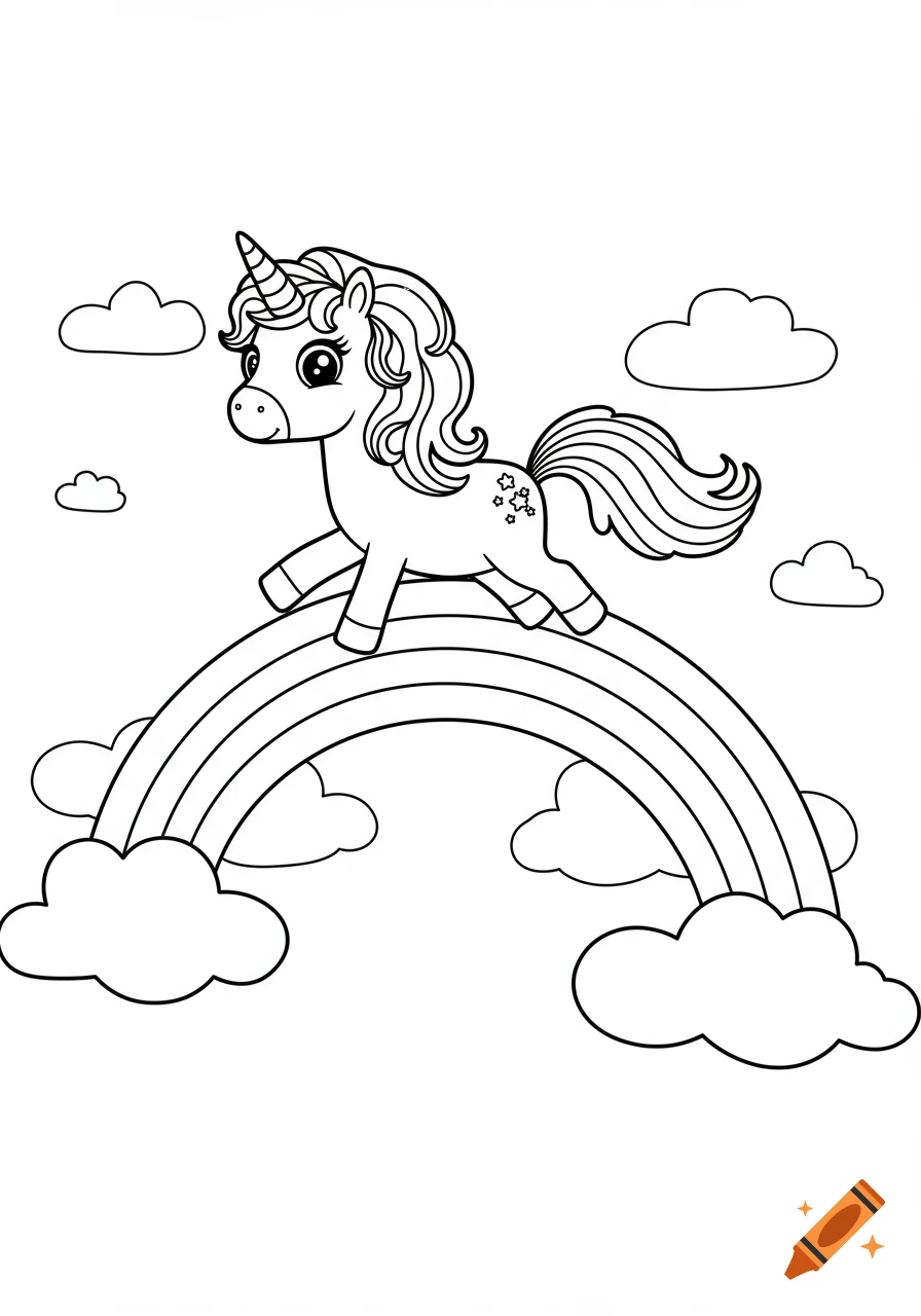 Black and white line art of a cute unicorn walking on a rainbow with clouds, in a children's coloring book style.