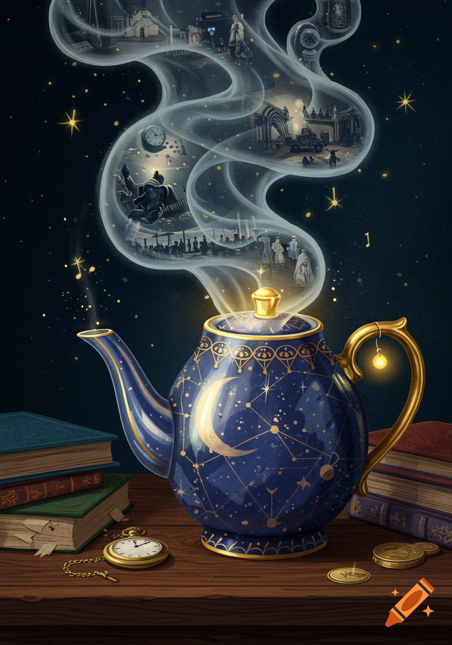 A magical blue teapot with gold accents, emitting smoke forming various historical scenes. It sits on a wooden table with old books and a pocket watch.