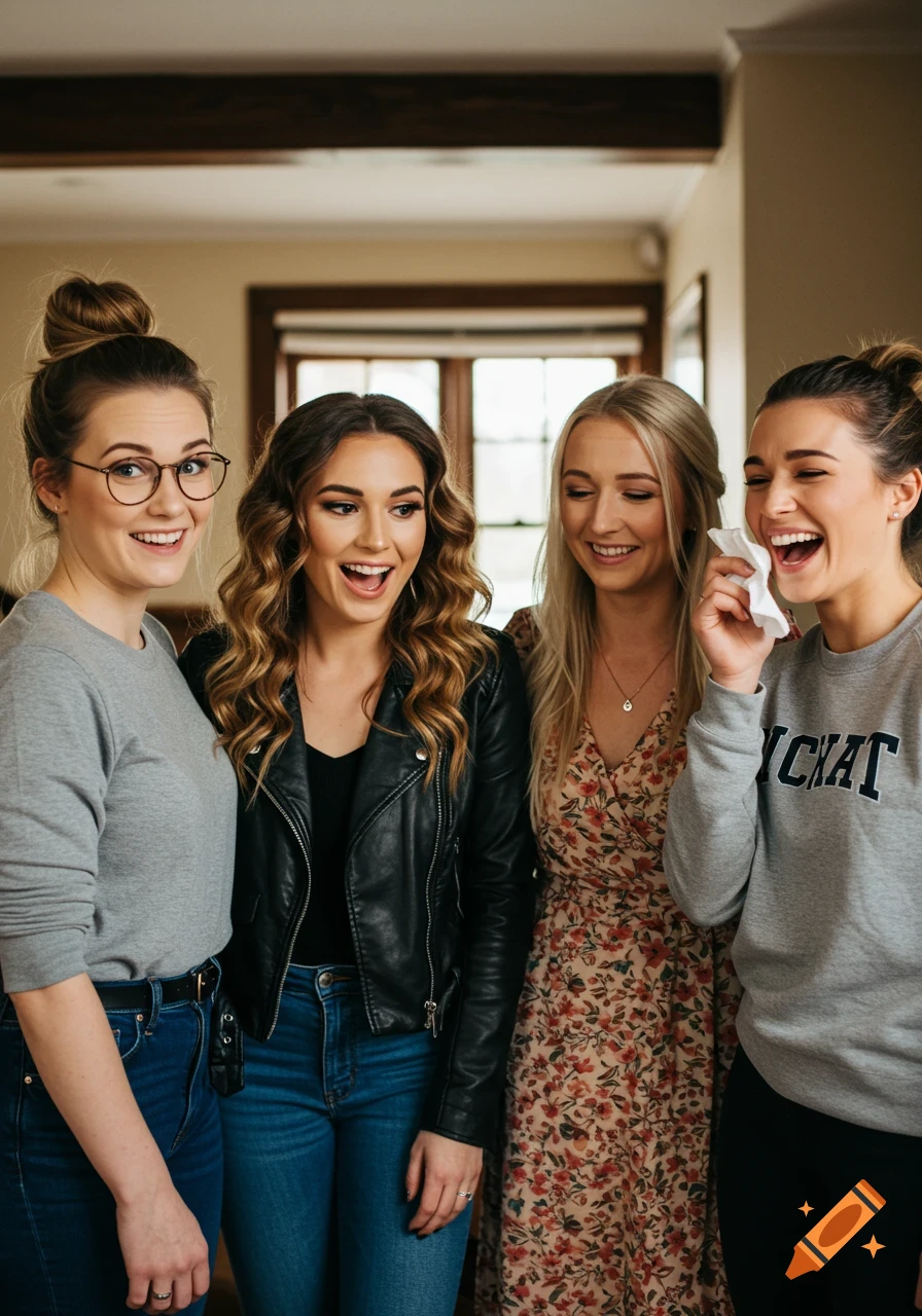 A candid group portrait of four young women laughing and smiling indoors in soft natural light.