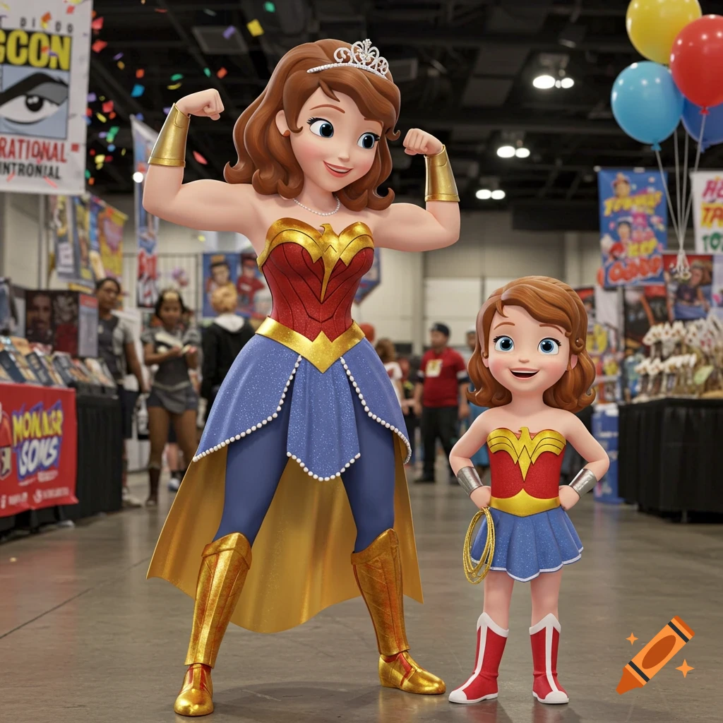 Cartoon Sofia and her mom in Wonder Woman and Wonder Girl costumes at Comic Con