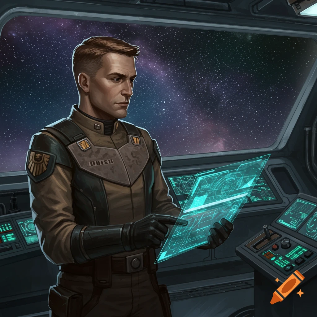 A man in a brown and black sci-fi uniform stands in a spaceship cockpit, looking at and pointing at a glowing blue holographic tablet. Stars are visible through the window.