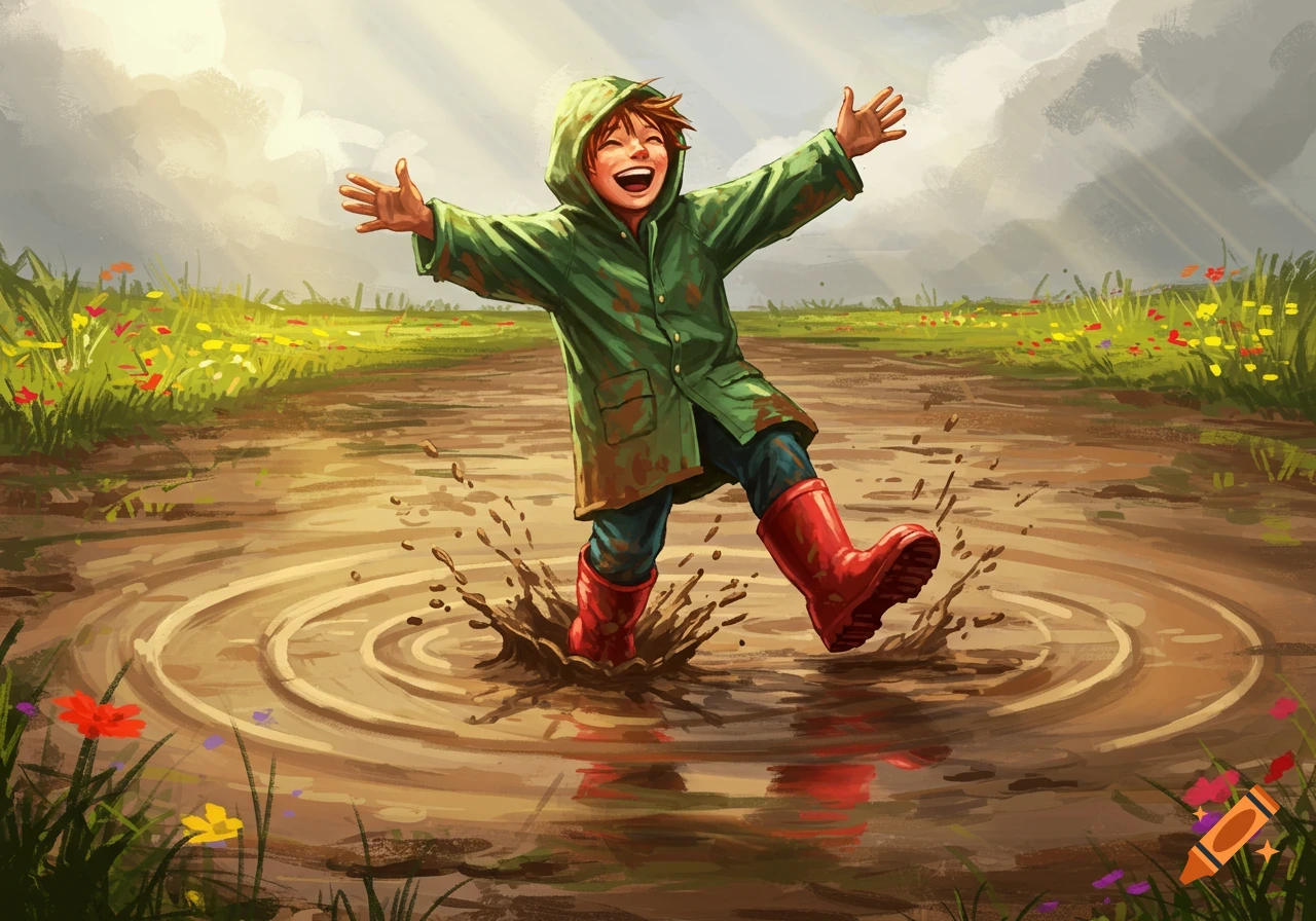 Happy child in green rain slicker and red boots splashes in muddy puddle in a flower field, painted style.
