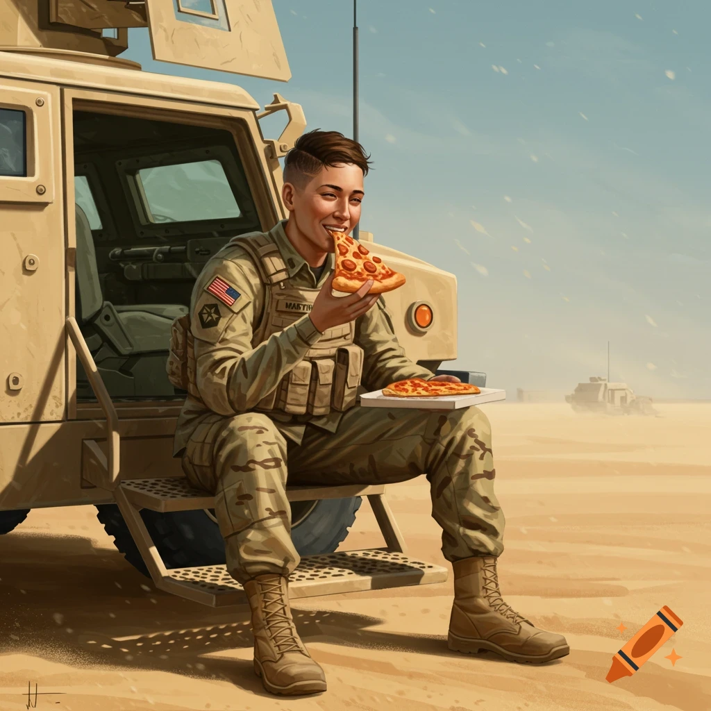 A smiling person in military fatigues sits on the steps of a desert vehicle, happily eating a slice of pepperoni pizza from a box.