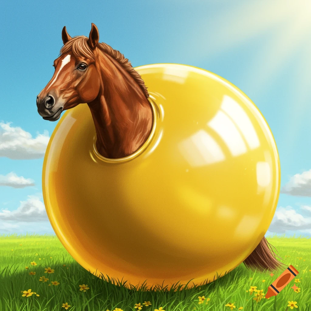 A brown horse with its head and tail sticking out of a large, shiny yellow ball in a green field under a blue sky.