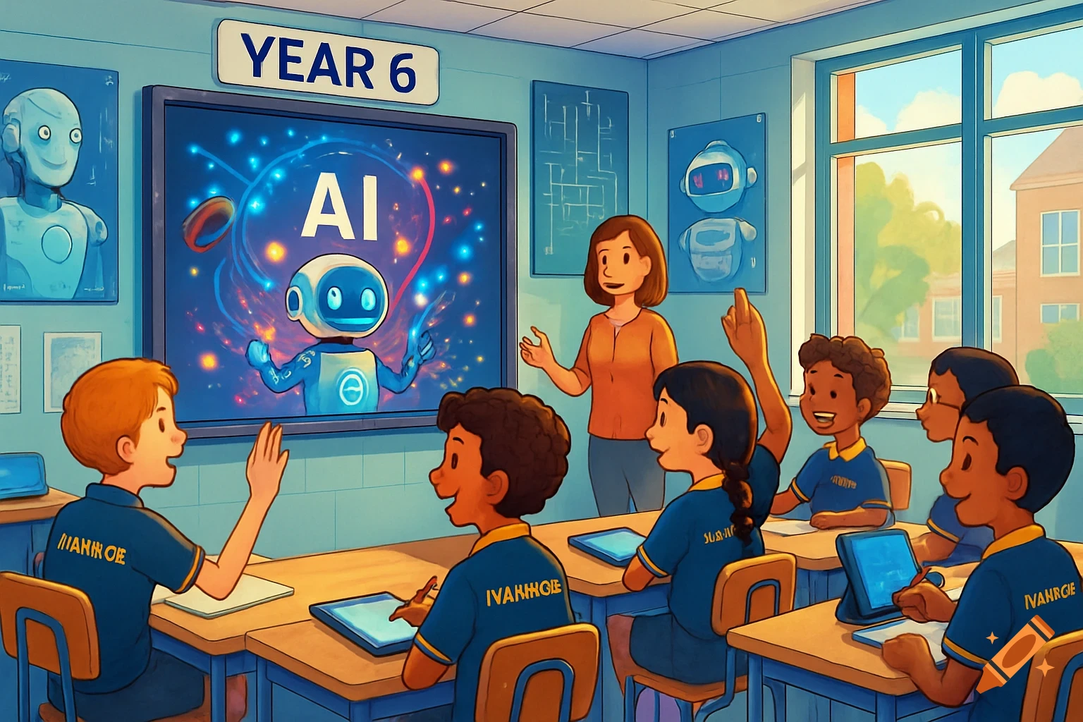 A teacher and diverse group of Year 6 students in a classroom, learning about AI from a presentation on a large screen with a robot illustration.