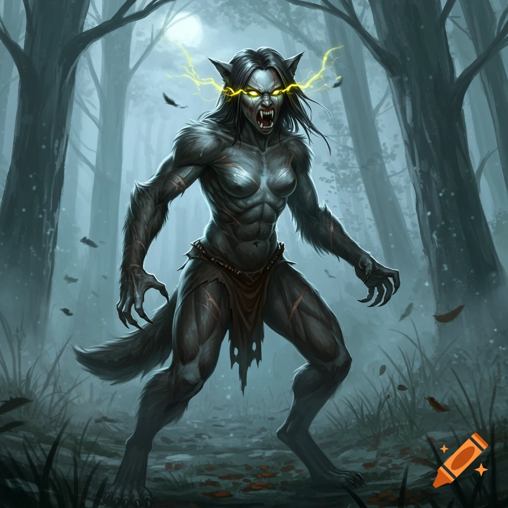 A fierce female werewolf with glowing yellow eyes and bared fangs snarls in a dark, misty forest under a full moon, digital art.