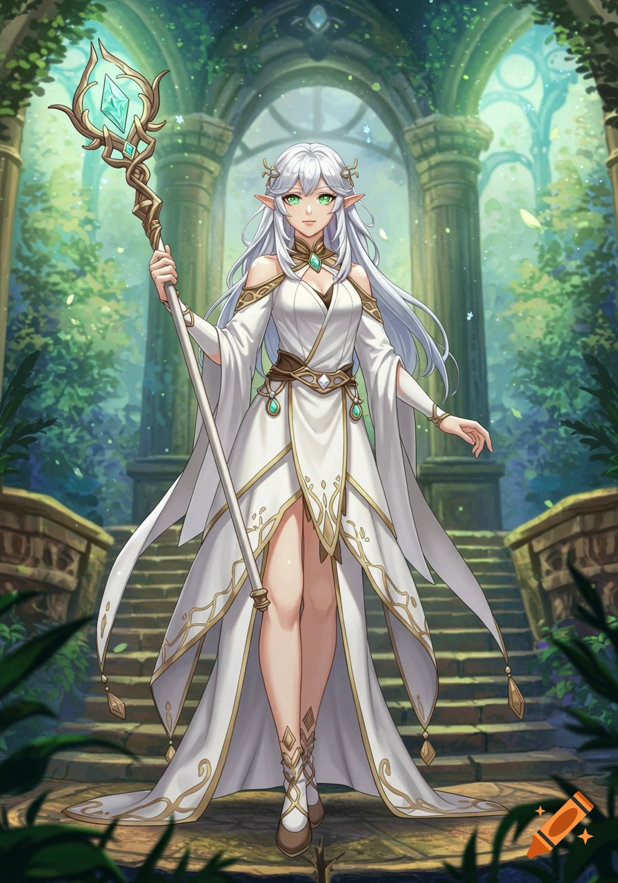 An anime-style elf priestess with white hair and green eyes, wearing a white and gold dress, holding a glowing staff in an ancient green ruin.