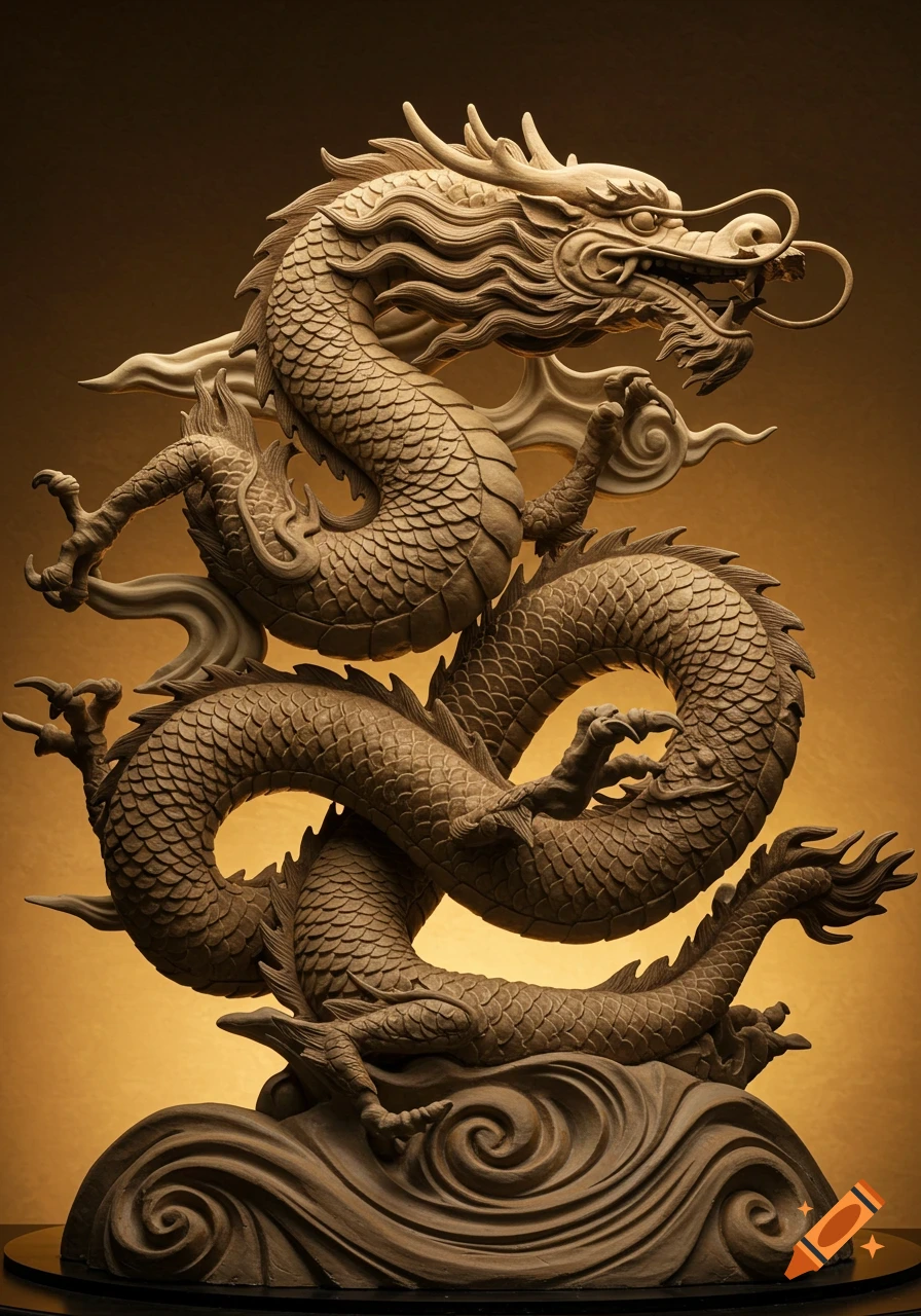 A detailed light brown sculpture of a coiled dragon with intricate scales and claws, against a warm, golden background.