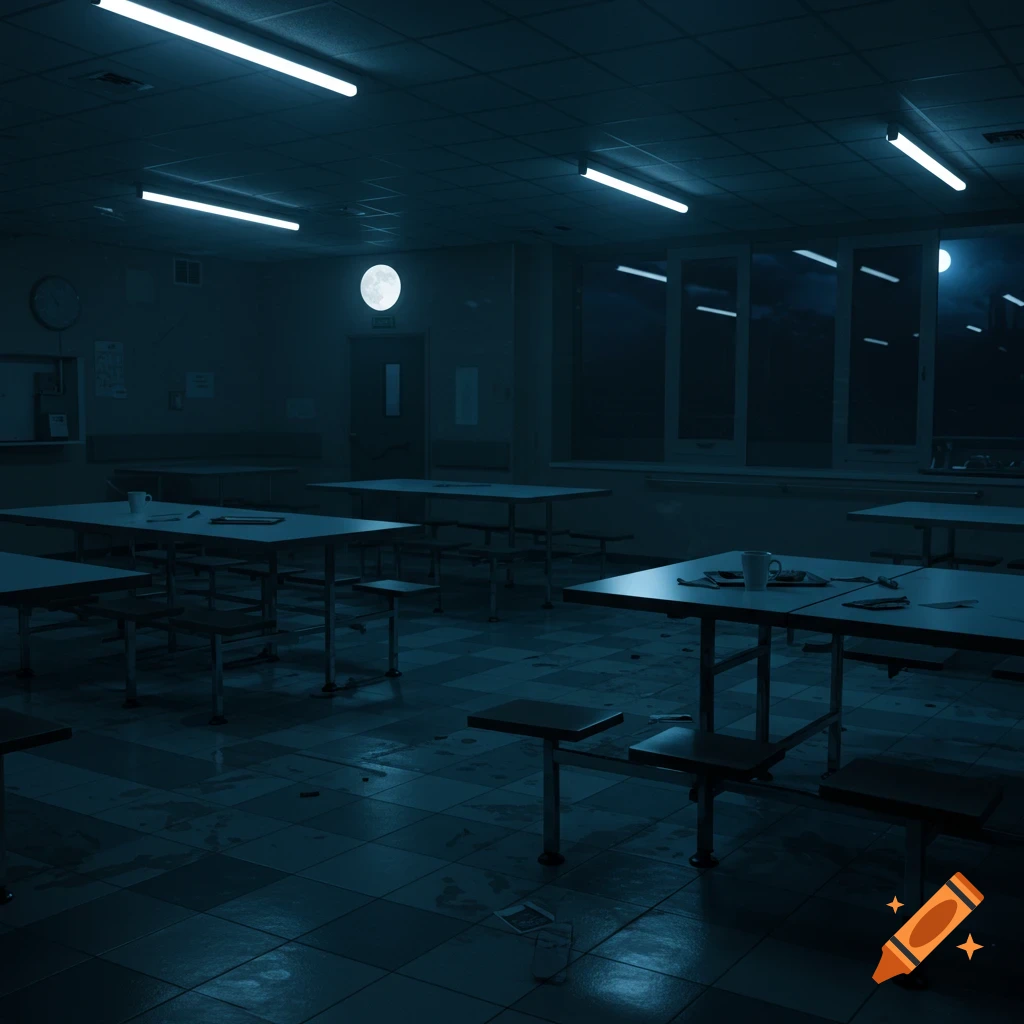 An empty, dimly lit hospital cafeteria at night with tables and benches, illuminated by fluorescent lights and moonlight through windows.