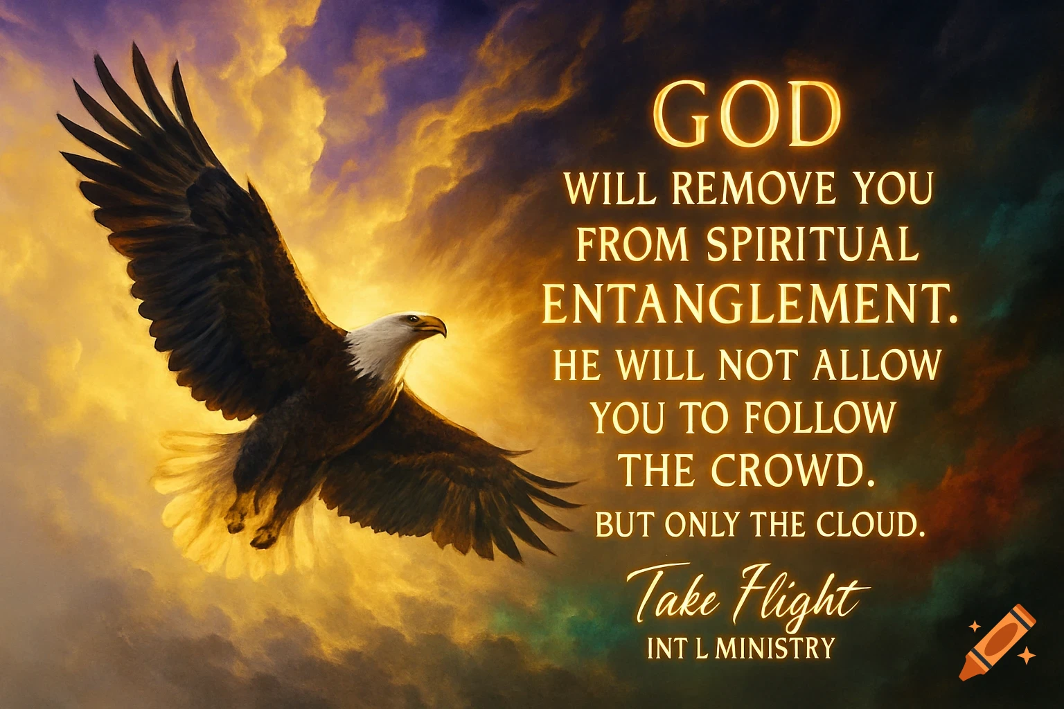 A majestic eagle soaring through a dramatic, fiery sunset sky with a spiritual message in glowing text.