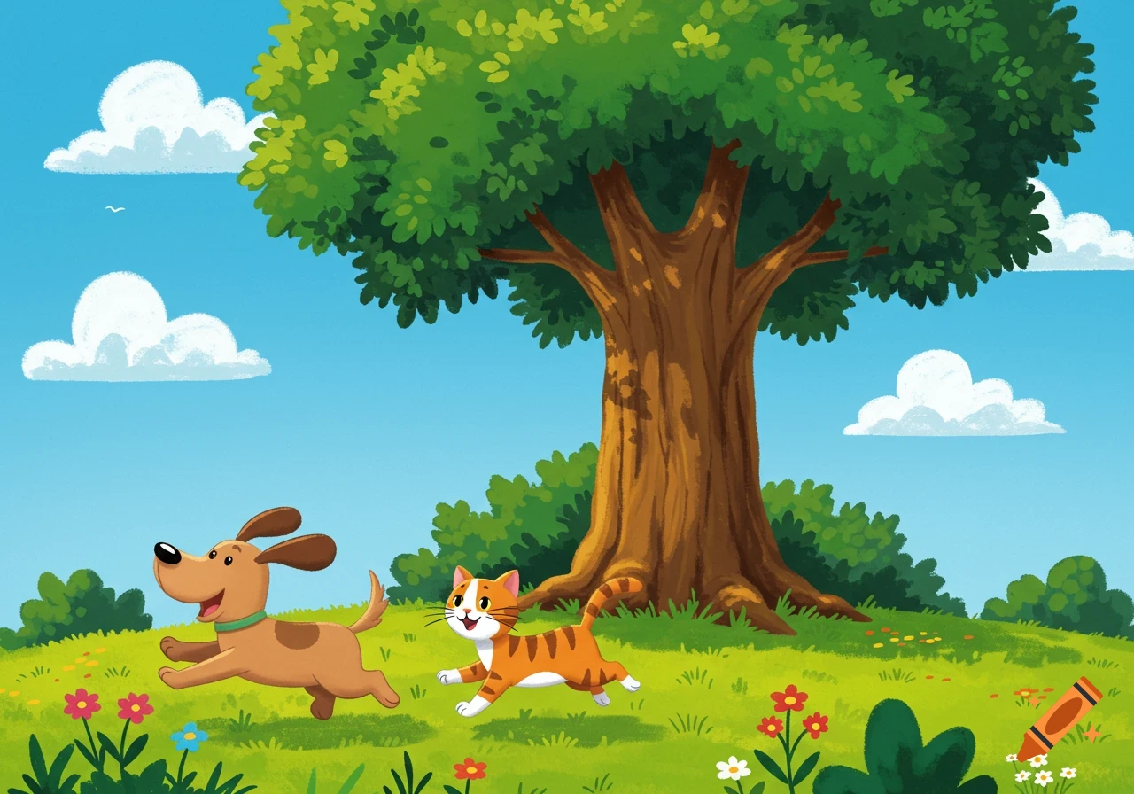 A cheerful cartoon dog and a striped cat run through a grassy field towards a large tree under a blue sky.