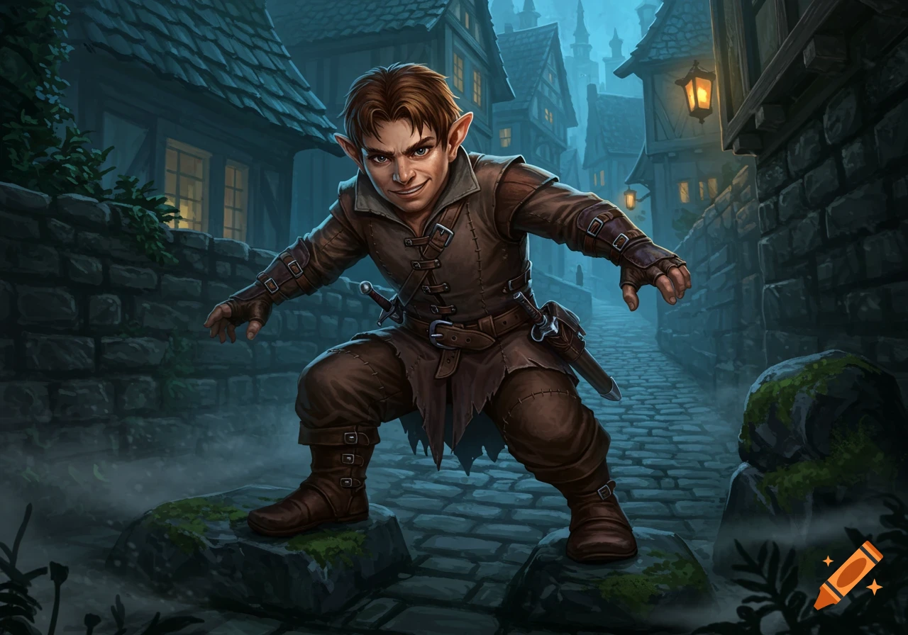 A fantasy halfling rogue with pointed ears and a mischievous smirk, wearing brown leather armor and crouching in a dimly lit cobblestone alley with old buildings.